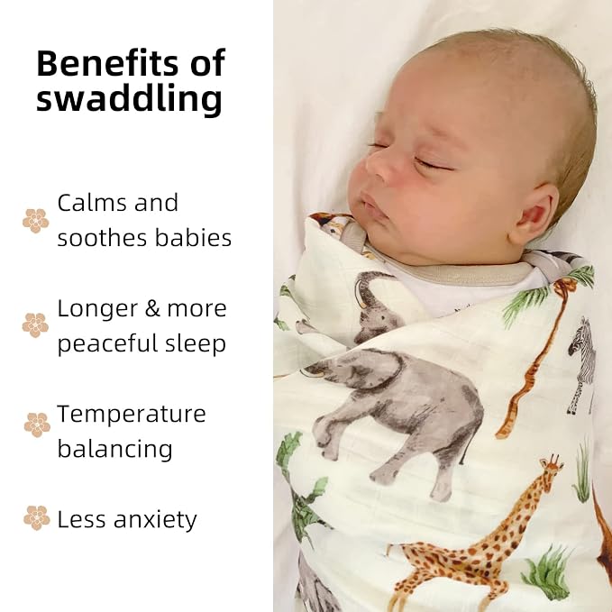 LifeTree Muslin Swaddle Blankets Neutral, Baby Washcloths Safari Animals Swaddling Wrap Nursery Receiving Blanket for Boys & Girls