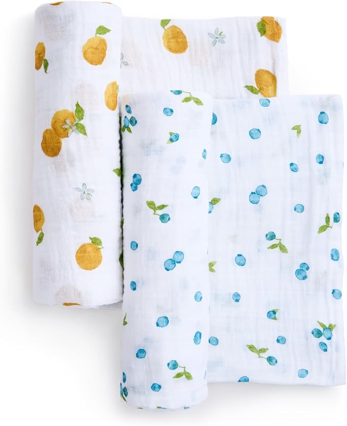 aden + anais Boutique Organic Cotton Muslin Swaddle 2 Pack, Breathable Baby Receiving Blanket, Soft and Lightweight Wrap, Diaper Bag Must Have, Fresh Fruit