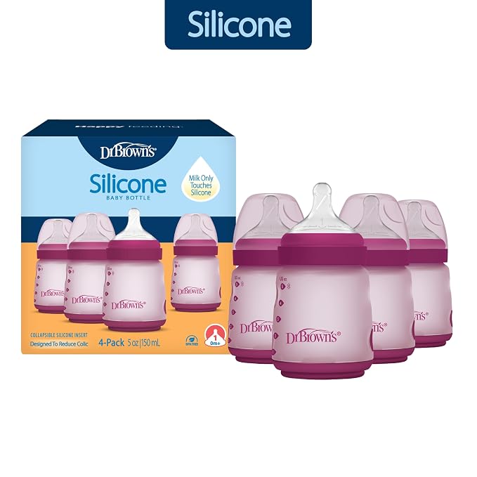 Dr. Brown's Silicone Baby Bottle with Collapsible Insert Designed to Reduce Colic, 5 oz with Wide-Neck Level 1 Slow Flow Nipple, BPA-Free, 0m+, Pink, 4-Pack