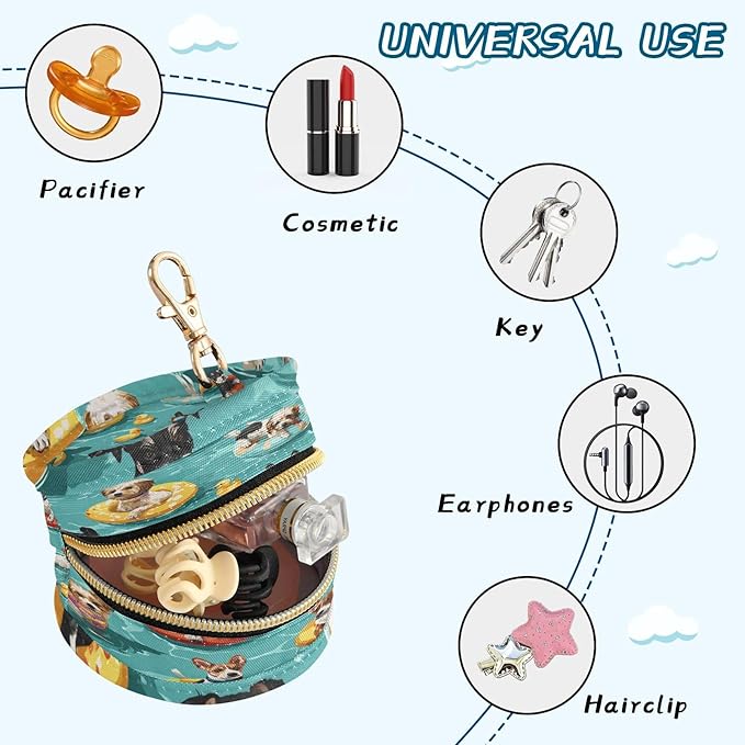 Pacifier Holder with Clip Pacifier Case for Diaper Bag Round Baby Pacifier Pouch Box Bag Portable Teal Swimming Pool Dogs and Ducks
