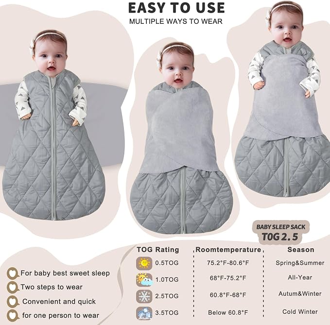 BSTOPPT Newborn Sleep Sack Baby Swaddle,3-Way Adjustable Wearable Blanket,Swaddling Sleeping Bag,TOG 2.5 (Gray, 3-6 Months)