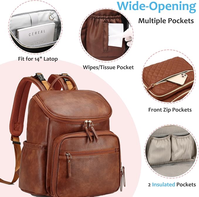 LORADI Lightweight Diaper Bag Backpack with Stroller Clips, Insulated Pockets, Baby Shower Essentials (Classic, Brown)