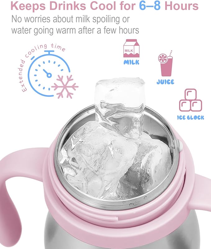 Bakpoco Stainless Steel Sippy Straw Cup for Toddlers 1-3 Years Old, Insulated Toddler Water Bottle Baby Training Tumbler with Handles, 8oz Kids Straw Cups for Travel, Daycare & At Home, Pink