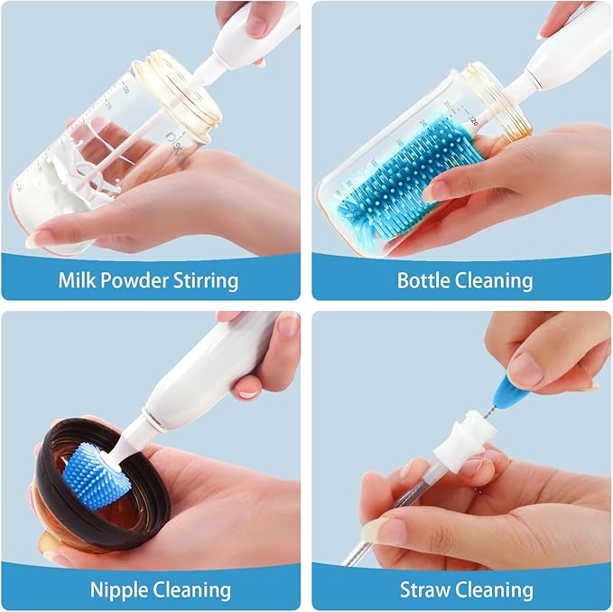 Electric Bottle Brush Cleaner, Portable Rechargeable Baby Bottle Cleaner Kit for Travel with Silicone Nipple & Straw Brush, Drainage Rack, Storage Box(Sky Blue)