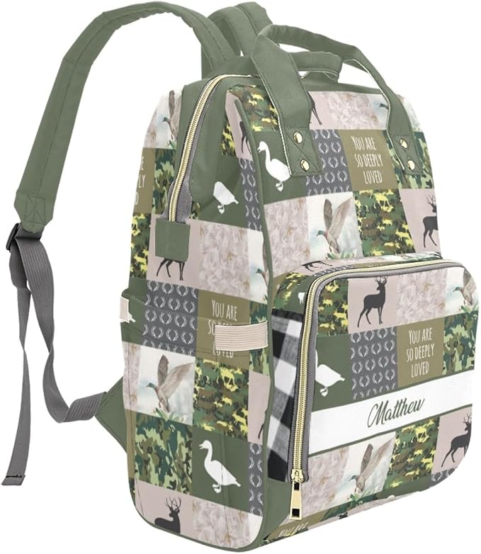 Custom Diaper Bag for Women, Personalized Name Multifunction Nylon Nursing Mommy Daypack with Large Capacity for Travel, Birthday Mother Gift (Deer Hunting)