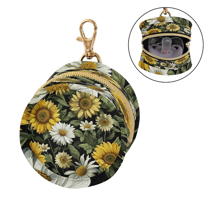 Pacifier Holder with Clip Pacifier Case for Diaper Bag Round Baby Pacifier Pouch Box Bag Portable Sunflower Daisy Green