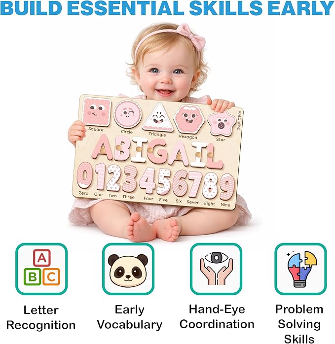 Wooden Name Puzzle for Toddlers 1-3, Personalized Name Puzzle with Animal Story Background, Baby Puzzle, Custom Baby Gift, First Birthday Gift for Boy Girl (Shapes and Numbers)