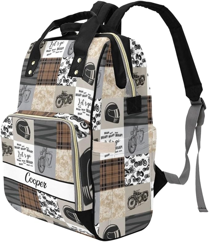 Custom Diaper Bag for Women, Personalized Name Multifunction Nylon Nursing Mommy Daypack with Large Capacity for Travel, Birthday Mother Gift (Motorcycle)