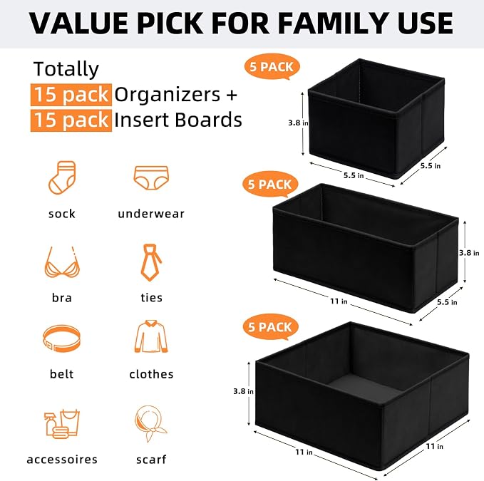 Criusia Closet Drawer Organizer Clothes, 15 Pack Dresser Organizer for Baby Clothes, Fabric Drawer Dividers for Nursery Bedroom (Black)