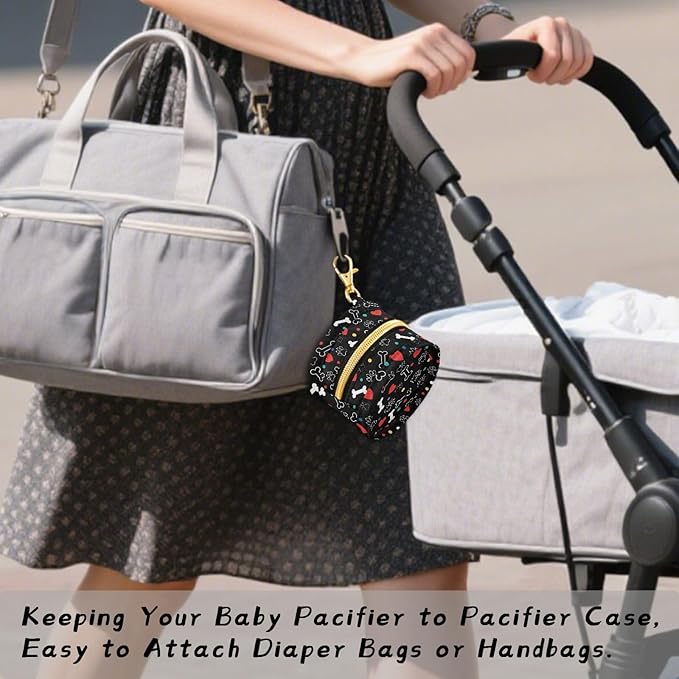 Paw Dog Hearts Black Pattern Pacifier Holder Case Newborn Pacifier Storage Pouch for Boys Girls Easy Attach to Diaper Bag Portable Baby Essentials Container