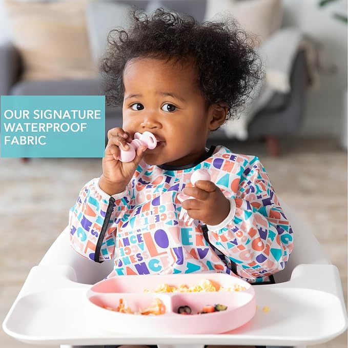 Bumkins Sleeved Bib for Girl or Boy, Baby and Toddler for 6-24 Mos, Essential Must Have for Eating, Feeding, Baby Led Weaning Supplies, Long Sleeve Mess Saving Food Catcher, Born This Way Kindness