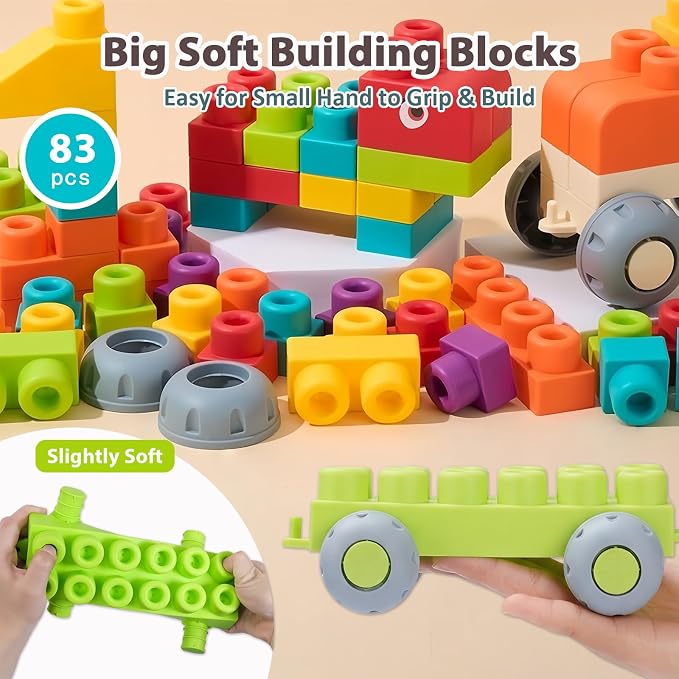 83 PCS STEM Soft Building Blocks Set for Toddlers 18 Months+, Large Construction Stacking Blocks with Storage Box, Educational Preschool Toy to Develop Creativity, Imagination and Fine Motor Skills