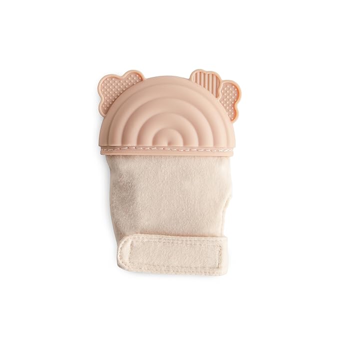 mushie Silicone Teething Mitten for Babies 3 Months+ (Rainbow) | Textured Silicone & Sensory Fabric with Adjustable Strap