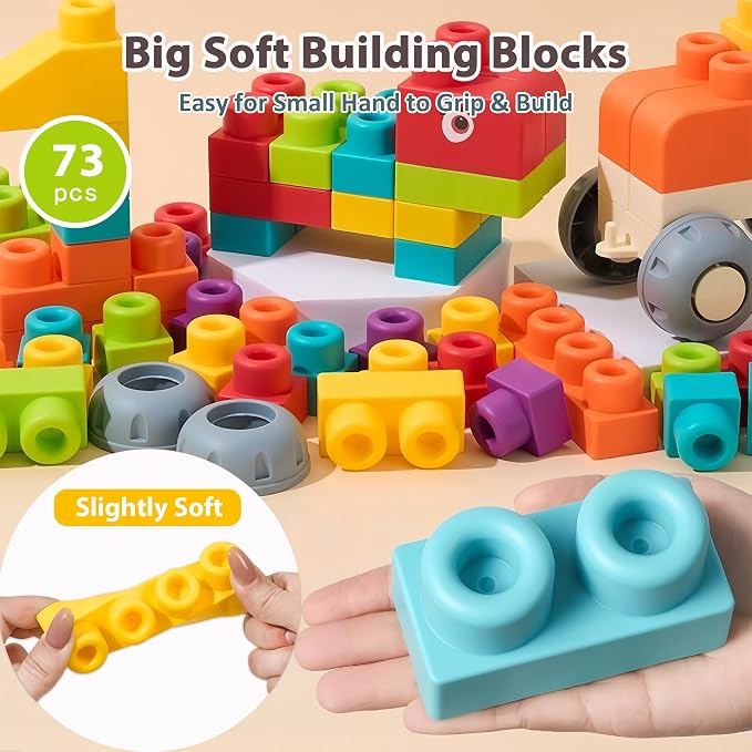 73 PCS Soft Building Blocks for Toddler 18M+, Big Stacking Blocks for Kids, STEM Educational Building Toys Set with Storage Box, Ideal for Early Learning and Hands-On Play