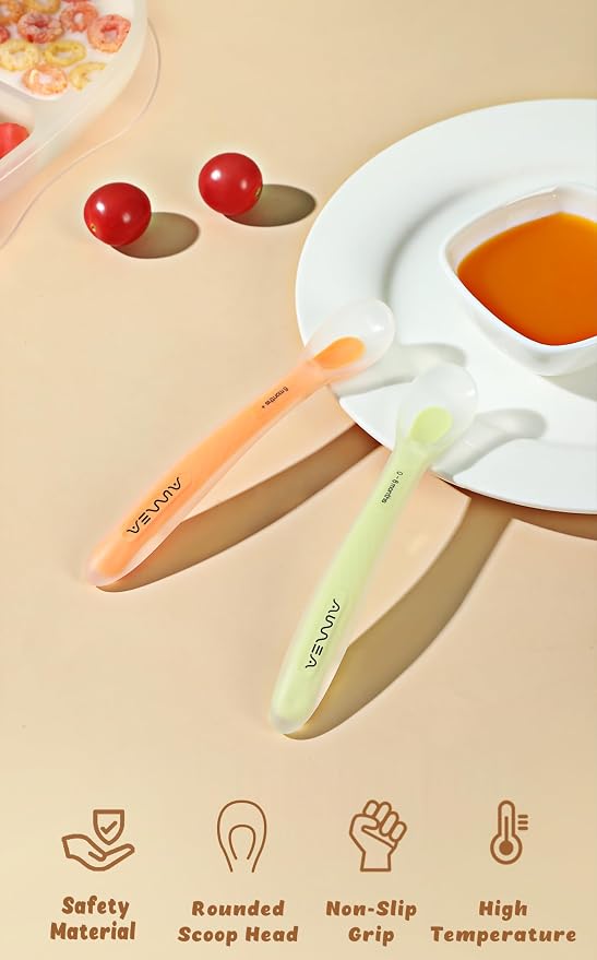 Baby Spoons 2-Pack | Soft Silicone First Stage Feeding Spoon Set with Travel Case | Stage-Based Design for 0-6m & 6m+ | BPA-Free, Gum-Friendly for Infant & Toddler | Lime + Peach