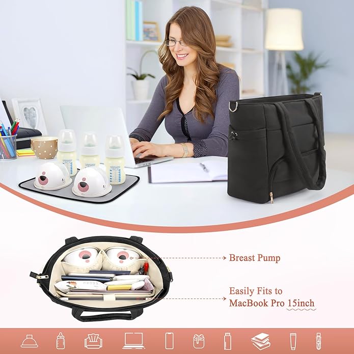Wearable Breast Pump Bag for Working Mom, Breastmilk Cooler Tote Bag with Insulated Compartment, Breast Pump Bag with Ice Pack & 16?˜â€?Laptop Sleeve, Baby Bottle Cooler bag for Nursing, Work, Travel
