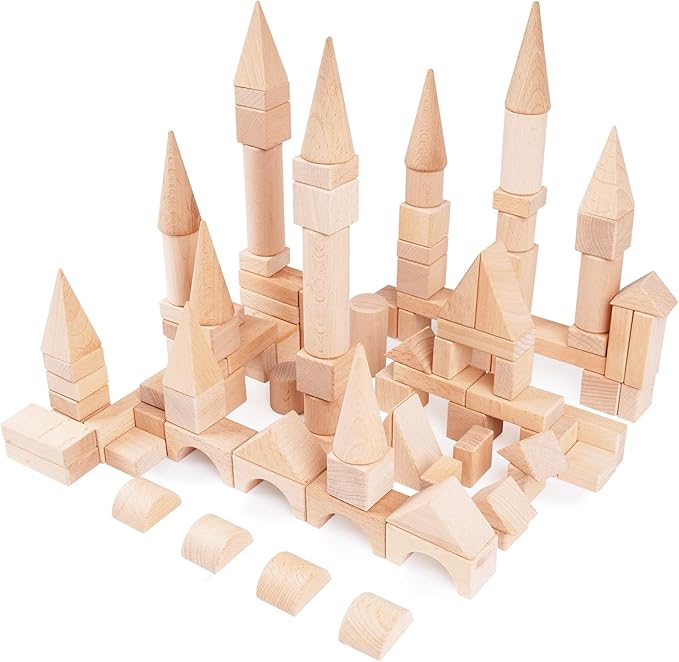 100Pcs Wooden Building Blocks Set- Wood Stacker Stacking Blocks Game Toys for Toddlers, Multiple Shapes, Toddles Blocks- Baby Wooden Blocks for Kids Learning and Playing
