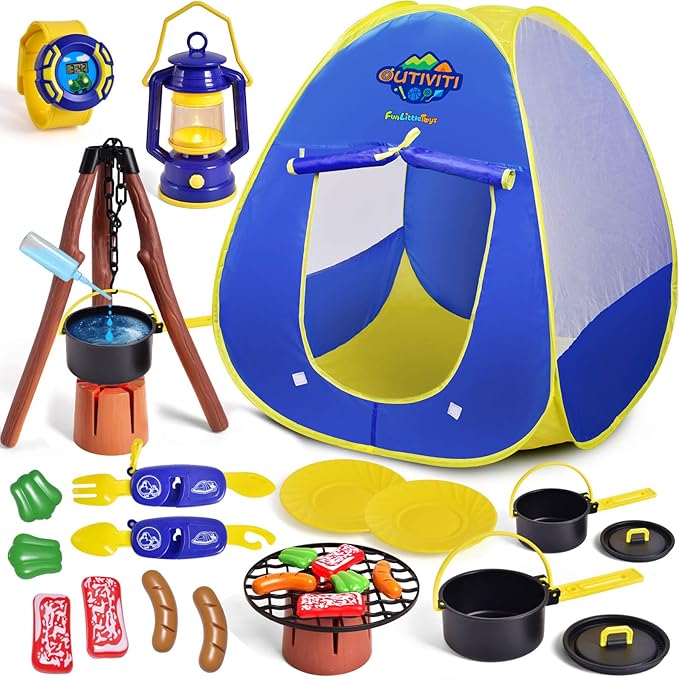 FUN LITTLE TOYS Kids Play Tent with Camping Toys, Toddler Tent with Battery Lantern, Kids Pop Up Tent Indoor Outdoor Toys Christmas Birthday Gifts for Boys