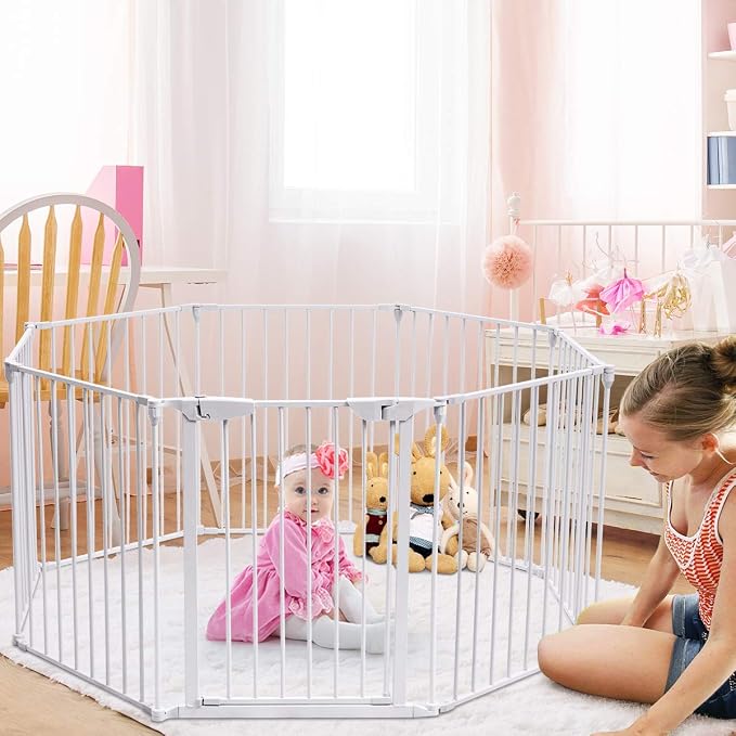 Costzon Baby Safety Gate, 181-Inch Extra Wide Fireplace Fence with Walk-Through Door in Two Directions, Add/Decrease Panels Directly, Wall-Mount Metal Gate for Pet & Child