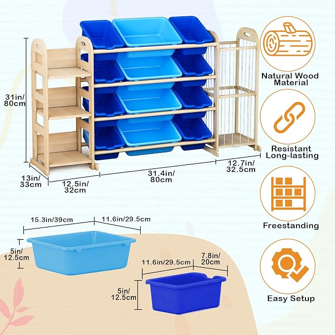 Kids Toy Storage Organizer, Toy Organizers and Storage with Stuffed Animal Storage, Toy Storage Shelf with 3 Shelves, 12 Storage Bins, Kids Bookshelf, Toy Holder for Playrooms, Bedrooms, Blue