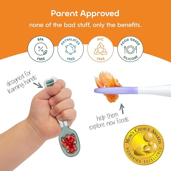 NumNum Baby Spoons Set, Baby Essentials Pre-Spoon GOOtensils for 6+ Months, First Stage Self-Feeding Spoons for Baby Led Weaning (BLW), Silicone Toddler Utensils, BPA-Free, 3 Pack Nature Friends