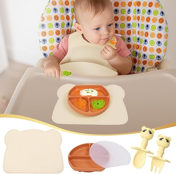 Baby Utensils Set?“Infant Feeding Essentials&Baby Plate Set?“Deluxe Silicone Feeding Mat,Long Sleeve Bibs,Training Cup,Spoon&Fork,Stainless Steel Set,Teethers,Toothbrush Kit ??in Gift Box for Newborns