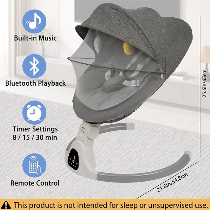 JFOVMCYG Electric Baby Swing for Infants 0-9 Months, Portable Infant Swing with 5 Swing Speeds, Bluetooth Audio, Remote Control, Washable Seat Cover, Gray, Up to 20 lbs