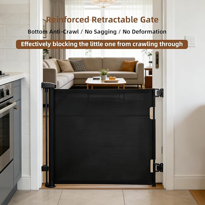 Retractable Baby Gate, 55 in Wide x 33 in Tall Mesh Dog Gate, Hardware Mounted Safety Gate with Double Lock for Doorways, Hallways, Indoor Outdoor, Black