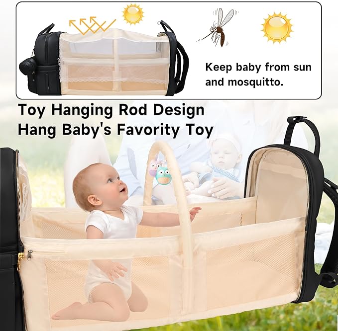 Leather Diaper Bags with Changing Station，Baby Bag，Large Capacity Diaper Bag Backpack for Moms Dads,Waterproof Diaper Backpack（Black）