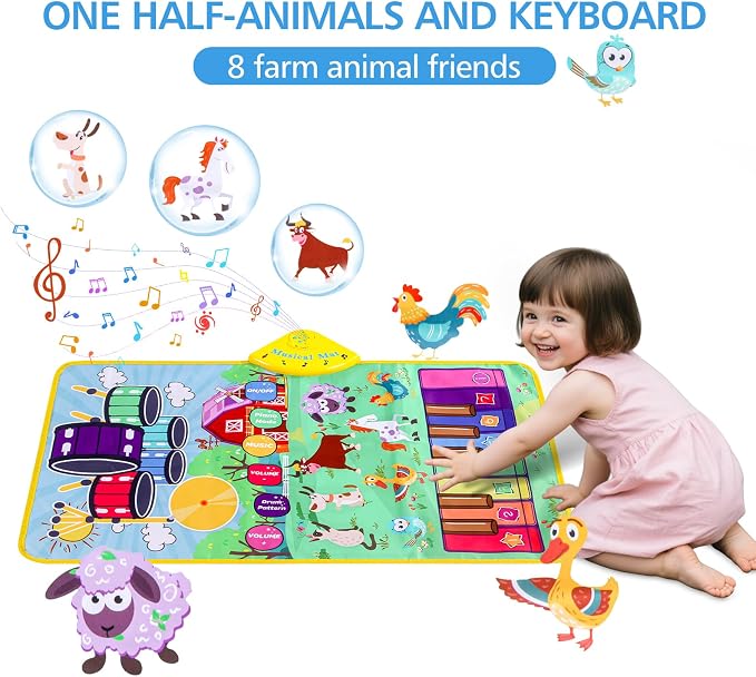 Musical Farm Animals Sounds Piano Mat for Kids, Sensory Educational Learning Toy with Drumset for Toddlers, Interactive Floor Touch Play Mat Dancing Keyboard Carpet for 1-5 Year Old Boy Girl Gifts