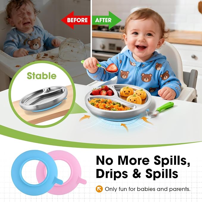 Stainless Steel Toddlers Plate with Silicone Suction, 8" Divided Plate, BPA-Free, Dishwasher Safe, Unbreakable, Non-Toxic, for Baby Led Weaning Supplies(Blue)