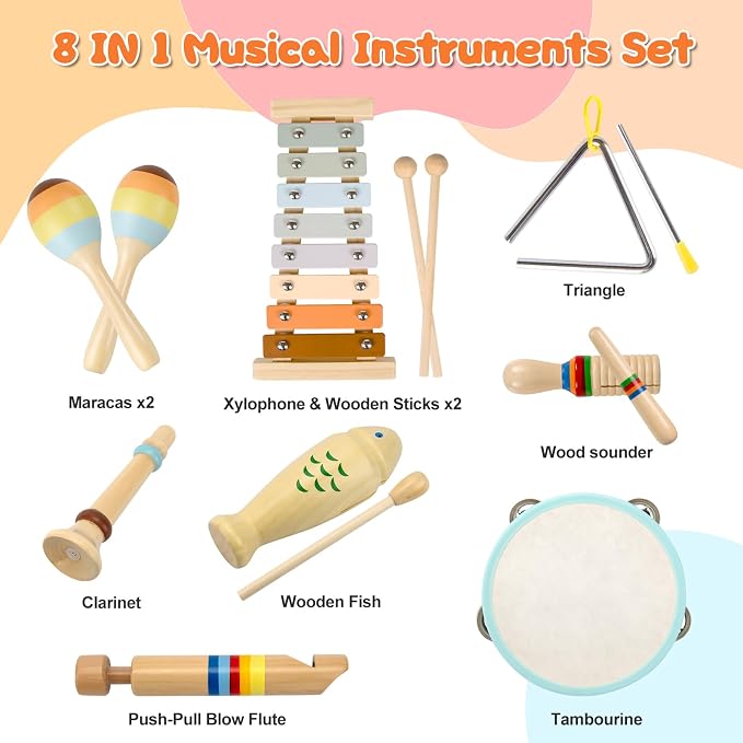 Baby Musical Instruments-Montessori Wooden Toys for Toddlers 1-3 Neutral Colors Percussion Instruments Set with Modern Boho Xylophone for Kids Preschool Educational,Includes Storage Bag