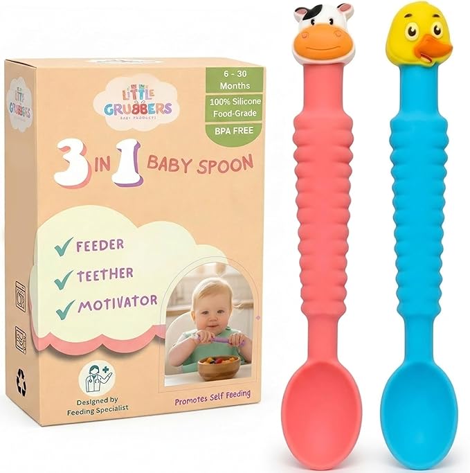 3-in-1 Silicone Baby Spoon Self Feeding 6+ Months - Pediatric OT Designed Teether Spoon, BPA Free Toddler Utensils, Mess-Free, Fun for Baby Led Weaning Supplies, Cow & Duck