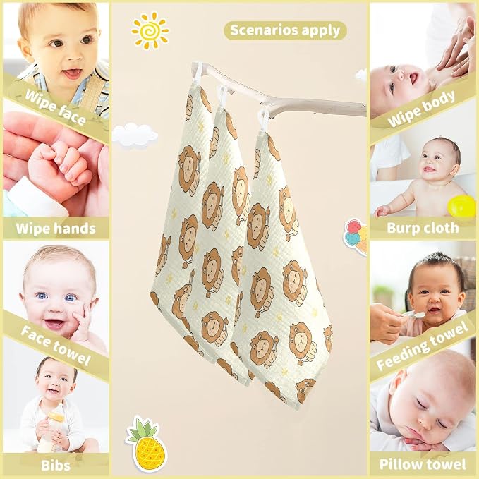 vvfelixl Baby Washcloths Cotton Cute Lion Baby Muslin Washcloths Soft Baby Face Towel for Newborn Infants Baby Wipes, 11.8 X 11.8 Inch, 5 Pack Yellow
