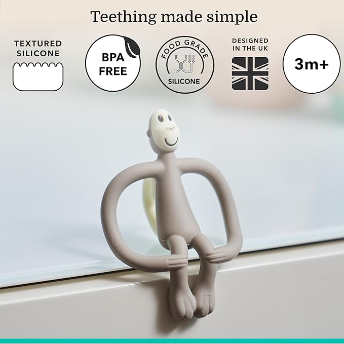 Matchstick Monkey Original Teether & Gel Applicator ??Silicone Baby Teether, Easy-to-Grip, BPA-Free, Supports Self-Soothing & Early Brushing, 3 Months+, 4 Inches, Grey