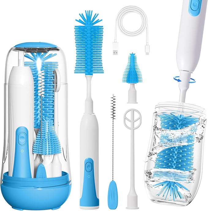 Electric Bottle Brush Cleaner, Portable Rechargeable Baby Bottle Cleaner Kit for Travel with Silicone Nipple & Straw Brush, Drainage Rack, Storage Box(Sky Blue)