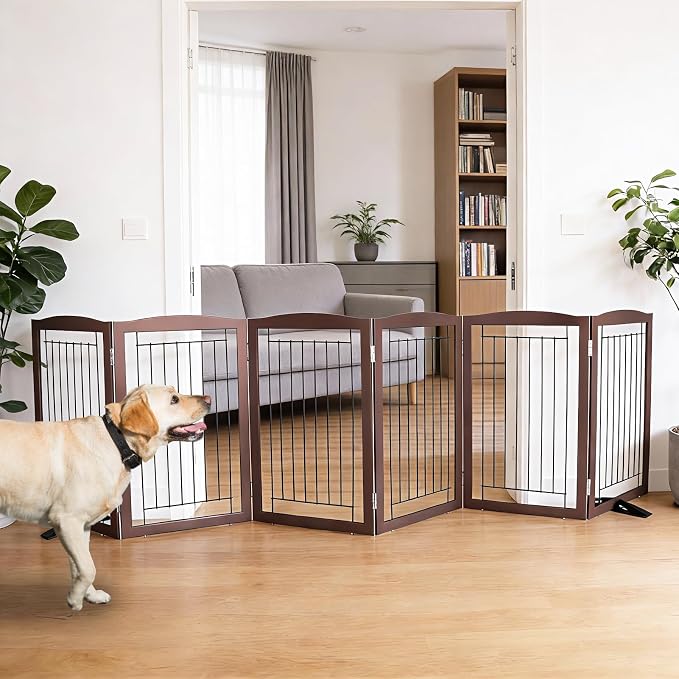 Dog Fence Indoor,Dog Gate Indoor for Doorway pet gate -6-Panel Freestanding, Hallways, House or Stairs -120x32-Inch Retractable Foldable Expandable Wood Pet by SFJC (Brown) ﻿