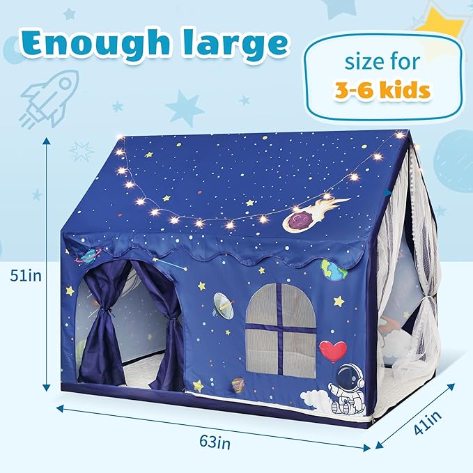 Kids Space Tent Indoor Playhouse-with Star Light, Padded Mat, Extra Large Bedroom Play Tent, Double Curtain, Two Door Access for Toddler Boys, Astronaut Spaceship Kids Tent Toys
