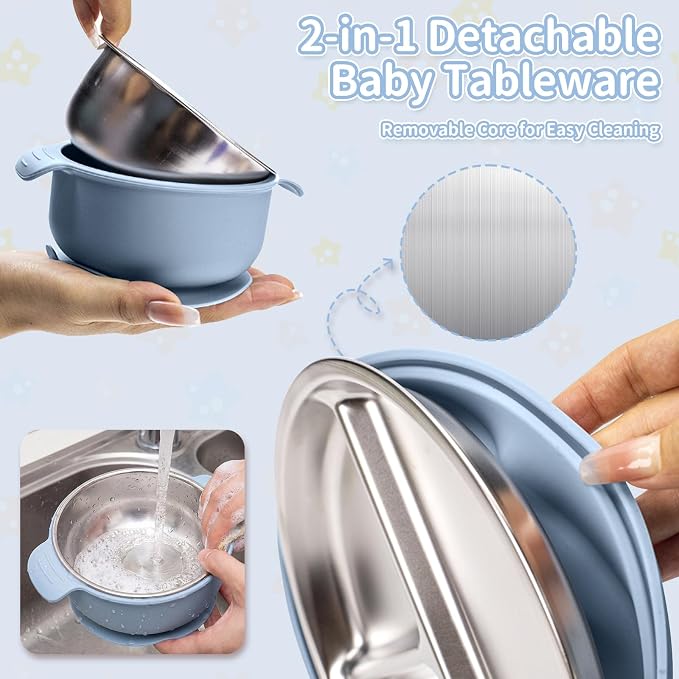 5-in-1 Stainless Steel Baby Feeding Set, Suction Divided Plates, Bowls, Silicone & Stainless Spoon Fork, Baby Tableware for Self-Feeding, Durable, BPA-Free (Blue)