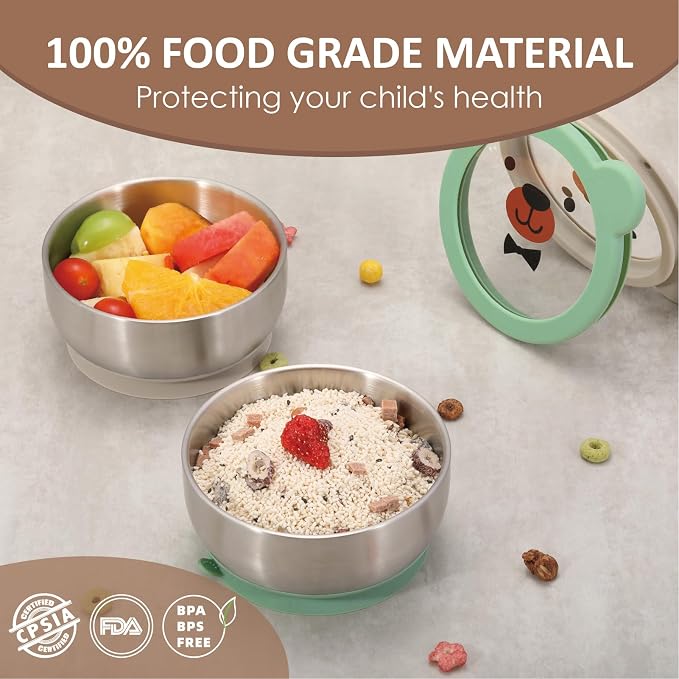 MR. CHOU Baby Bowls with Non-Slip Silicone Suction Cup, Insulated Double-Layer 18/8 Stainless Steel Toddler Bowls with BPA Free Airtight Lids, Food-Grade Silicone Safe for Kids (Green)