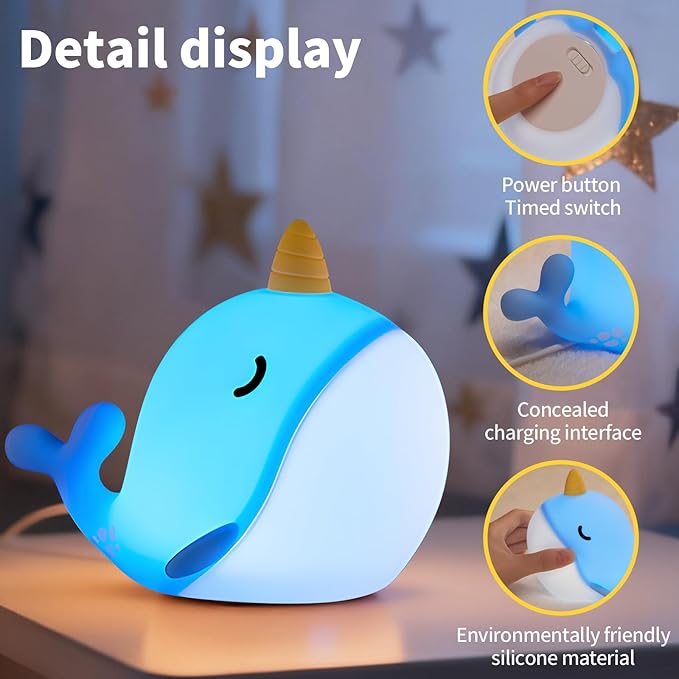 Narwhal Night Light, USB-C Rechargeable Silicone Lamp with Tap Control, 3-Level Dimming & 30-Min Auto Timer, 7-Color Changing Squishy Nursery Light, Birthday Gift for Kids