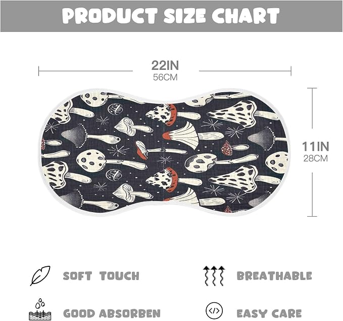 Mushrooms Black Muslin Baby Burp Cloths - Super Absorbent and Soft Burping Rags - Cotton Burp Clothes Set for Boys and Girls, 2 Pack