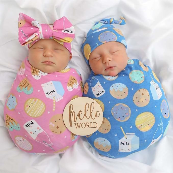 Little Sleepies Swaddle & Hat Set, Baby Swaddles Newborns, Soft Viscose from Bamboo Swaddle Blanket Wrap (Blue Cookies & Milk)