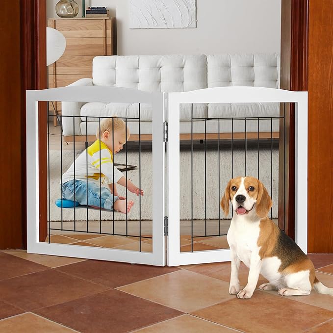 ZJSF Freestanding Foldable Dog Gate for House Extra Wide Wooden White Indoor Puppy Gate Stairs Pet Gates Doorways Pet Gate Tall Dog Fence 2 Panels