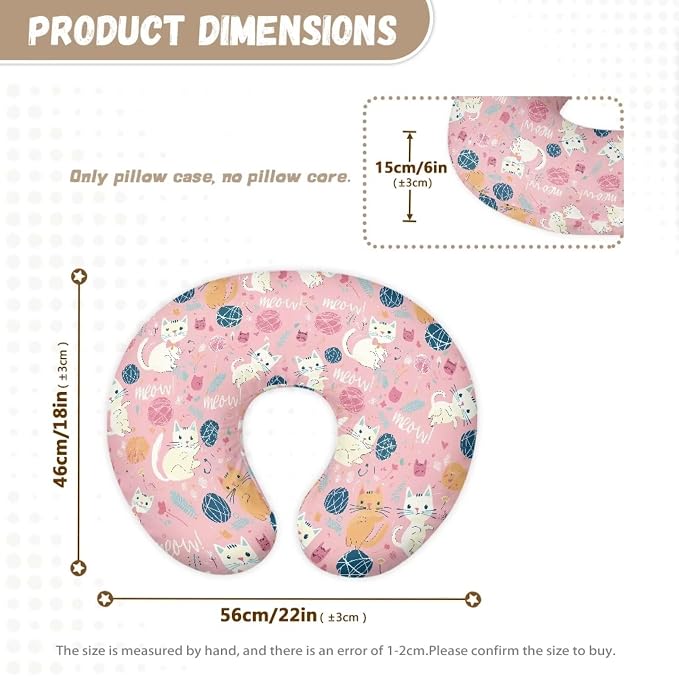 Cartoon Cats Nursing Pillow Case for Newborn Babies Breathable Feeding Pillows Support Cover with Hidden Zipper for Boys Girls New Parents, Easy to Put On & Remove