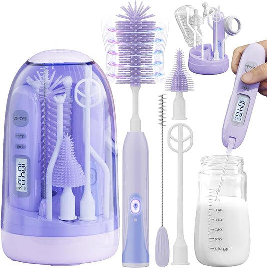 Electric Bottle Brush Cleaner,Rechargable Electric Baby Bottle Brush Cleaner with Thermometer,Silicone Bottle/Nipple/Straw Brush,Drying Rack,Travel Bottle Cleaner Kit for New Moms (Violet)