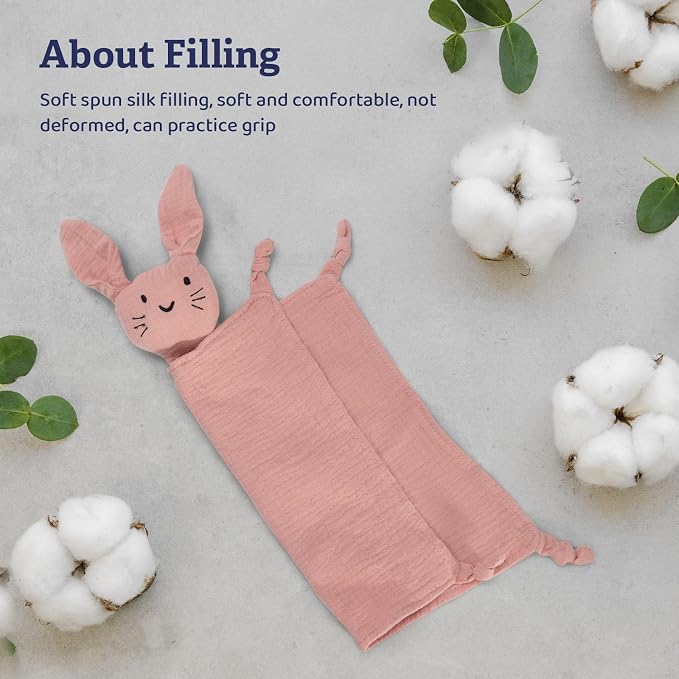 Organic Cotton Muslin Bunny Lovey Blanket, Soft & Breathable Security Blanket for Newborns, Unique Baby Gifts for Boys and Girls (Bunny-Pink)