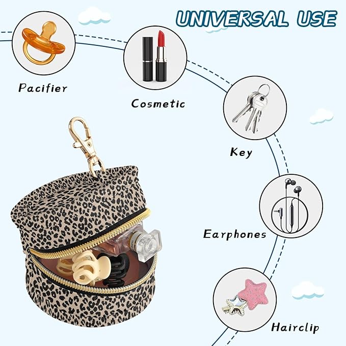 Leopard Brown Black Pattern Pacifier Holder Pacifier Case Portable Baby Paci Container Box with Clip Handle Baby Stroller Diaper Bag Essentials