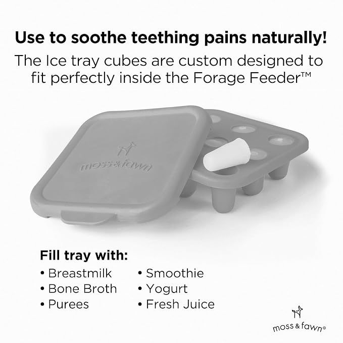 Moss and Fawn Baby's First Bites Bundle - Silicone Frozen Breast Milk Popsicle Kit with Forage Feeder & Teething Popsicle Ice Cube Tray - BPA, PVC, & Lead-Free - Dew
