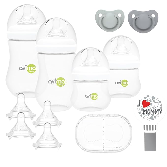 Avima Baby Wide Neck Bottle Starter Kit ??12 Piece Set. Anti Colic Feeding Set w/ 4 oz & 9 oz Baby Bottles, Slow & Medium Flow Nipples & Pacifiers, BPA Free